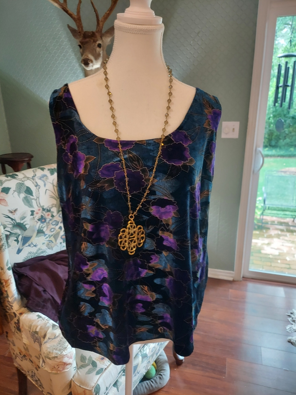 Dress Barn Teal and Purple Floral Velvet Tank Top